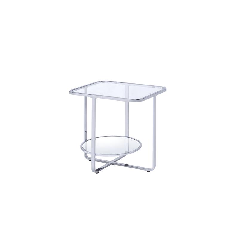 ACME Hollo Rectangular Glass Top End Table with Shelf in Chrome and Mirrored