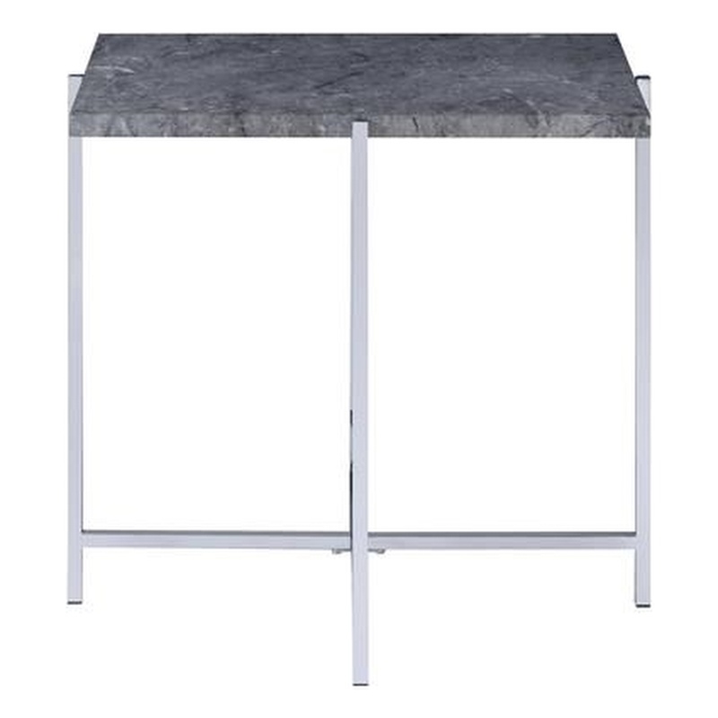 ACME Adelae Rectangular Faux Marble Top End Table in Chrome and Gray
