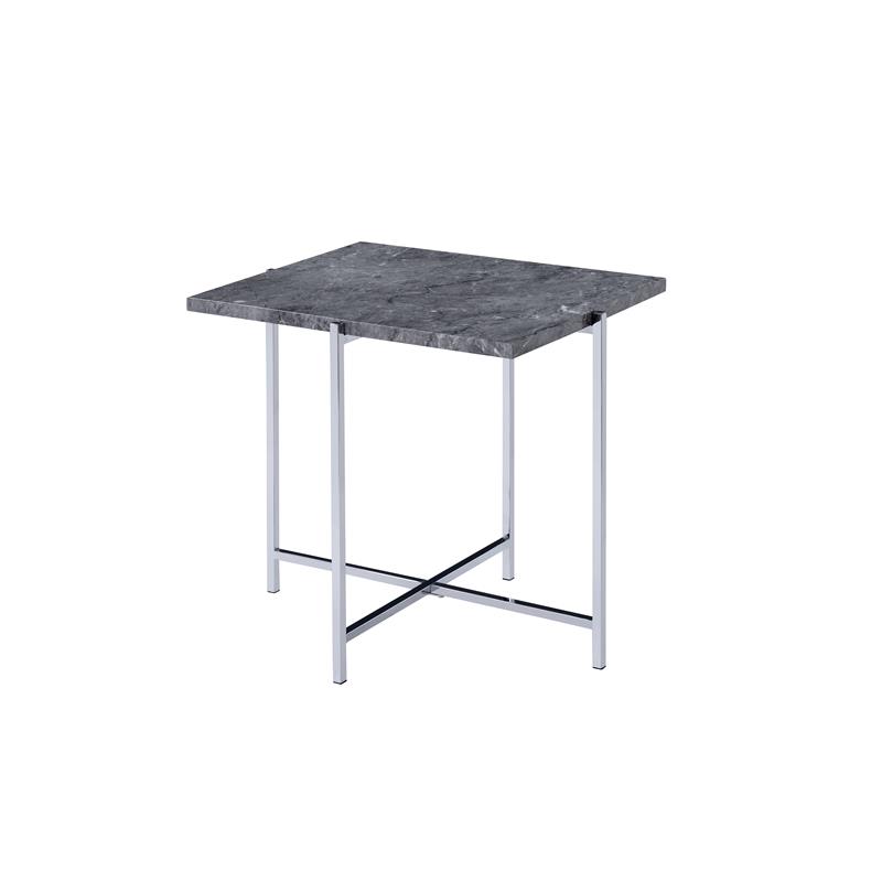 ACME Adelae Rectangular Faux Marble Top End Table in Chrome and Gray