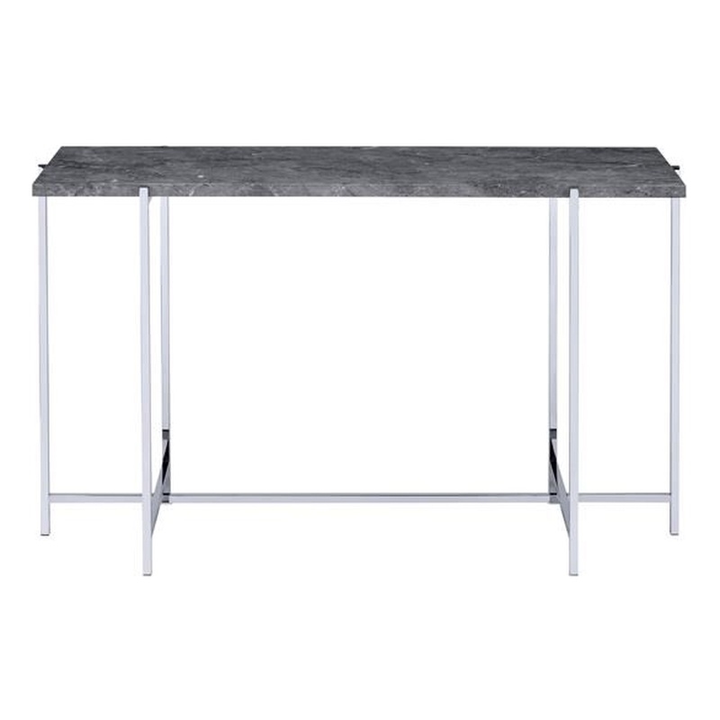 ACME Adelae Rectangular Faux Marble Top Sofa Table in Gray and Chrome