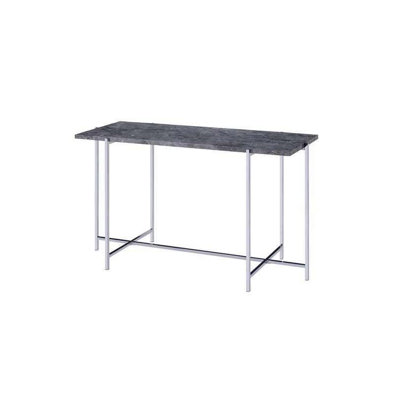 ACME Adelae Rectangular Faux Marble Top Sofa Table in Gray and Chrome