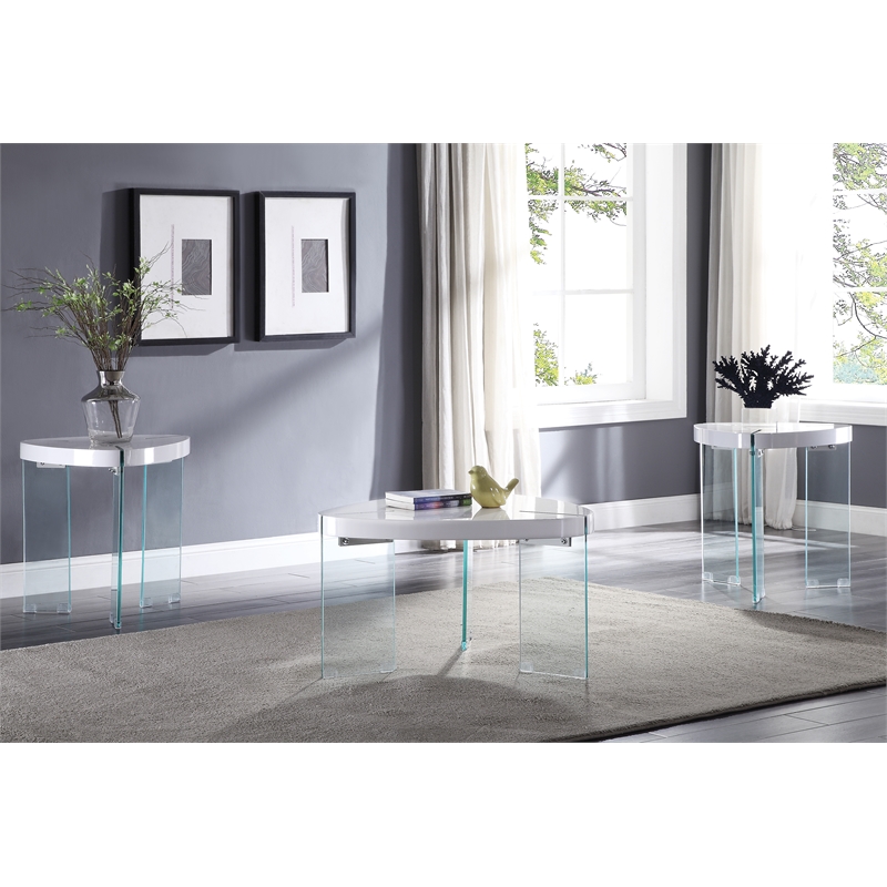 ACME Noland Wood Triangular End Table in White High Gloss and Clear Glass