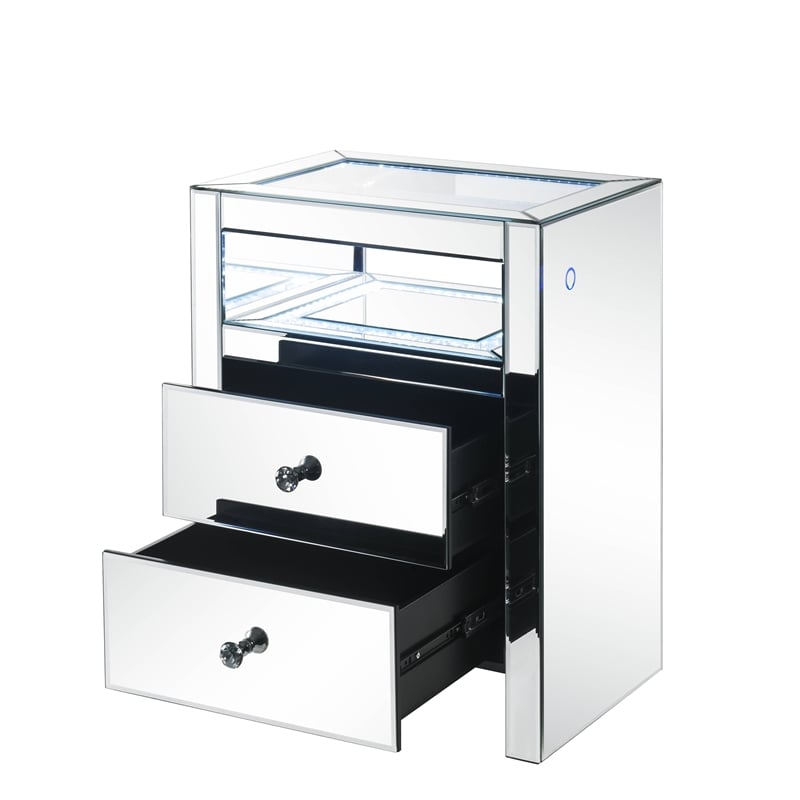 ACME Dominic Glass Rectangular 2-Drawer Nightstand with LED Light in Mirrored