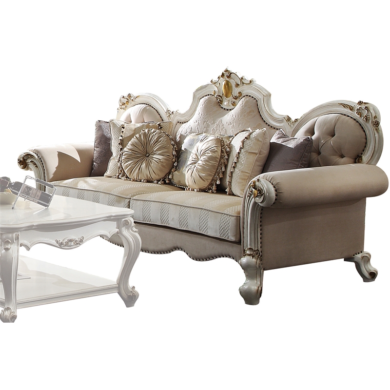 ACME Picardy Sofa with Pillows in Beige Fabric and Antique Pearl