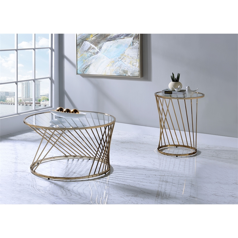 ACME Bluelipe Round Glass Top Coffee Table in Gold and Champagne