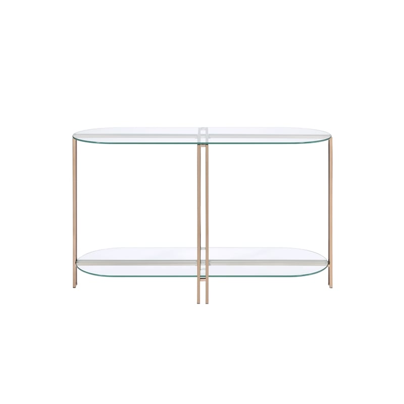 ACME Veises Oval Glass Top Sofa Table with Glass Shelf in Gold and Champagne