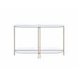 ACME Veises Oval Glass Top Sofa Table with Glass Shelf in Gold and Champagne