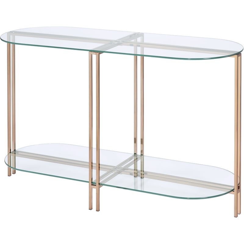 ACME Veises Oval Glass Top Sofa Table with Glass Shelf in Gold and Champagne