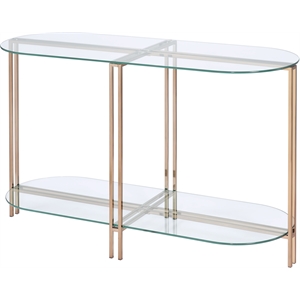 ACME Veises Oval Glass Top Sofa Table with Glass Shelf in Gold and Champagne