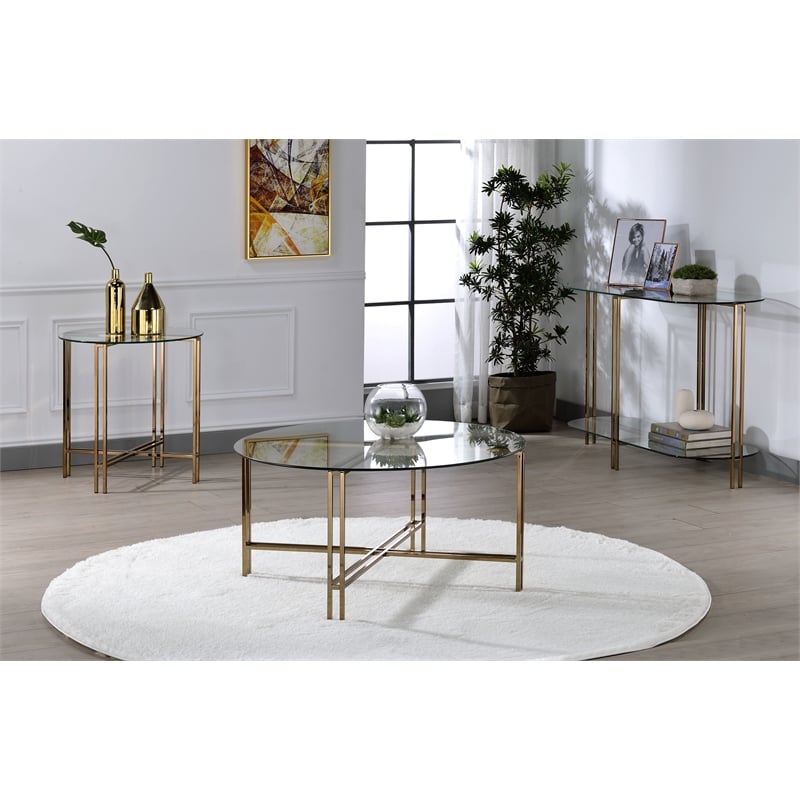 ACME Veises Oval Glass Top Sofa Table with Glass Shelf in Gold and Champagne
