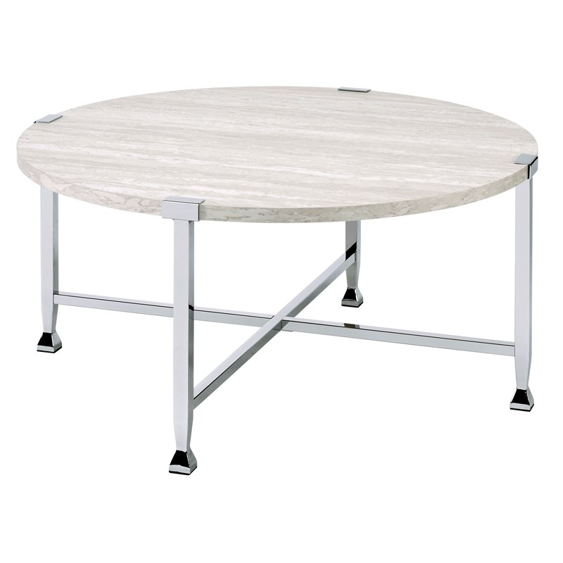 ACME Brecon Round Wooden Top Coffee Table in White Oak and Chrome