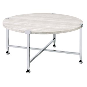 ACME Brecon Round Wooden Top Coffee Table in White Oak and Chrome