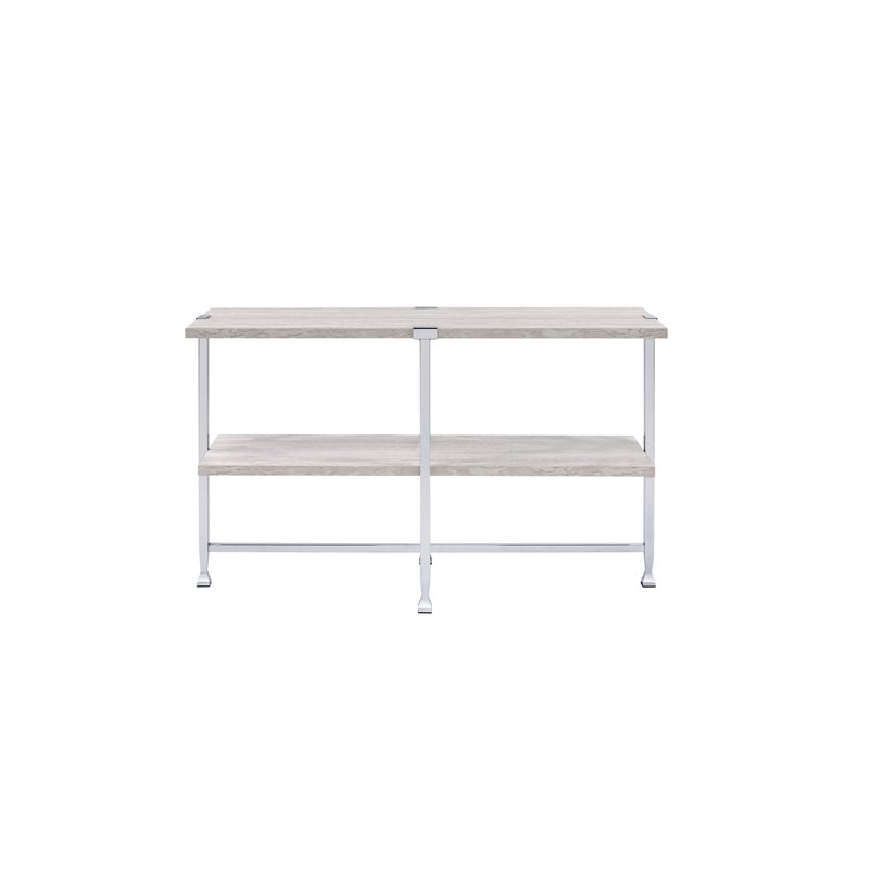 ACME Brecon Rectangular Wooden Sofa Table with Shelf in White Oak and Chrome