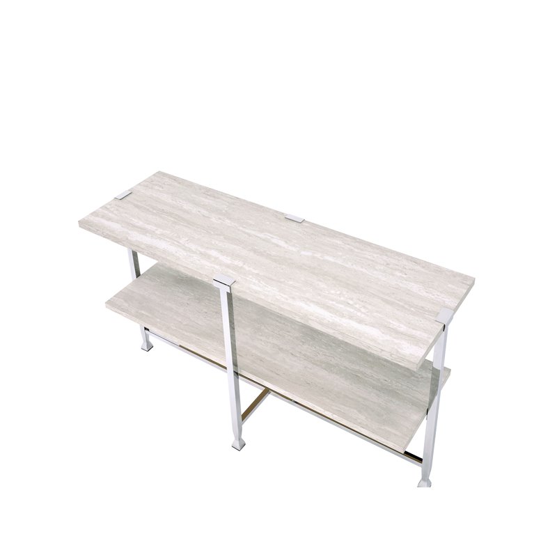 ACME Brecon Rectangular Wooden Sofa Table with Shelf in White Oak and Chrome