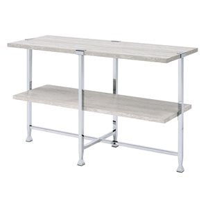 ACME Brecon Rectangular Wooden Sofa Table with Shelf in White Oak and Chrome