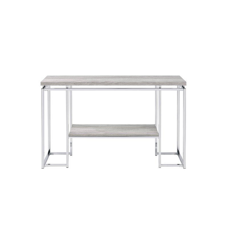 ACME Chafik Rectangular Wooden Top Sofa Table with Shelf in Oak and Chrome
