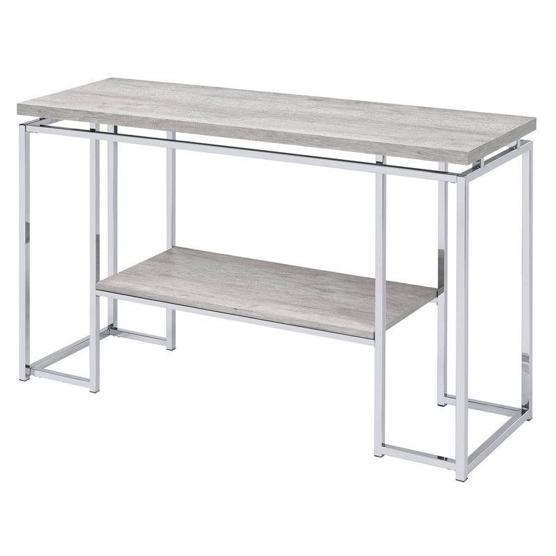 ACME Chafik Rectangular Wooden Top Sofa Table with Shelf in Oak and Chrome