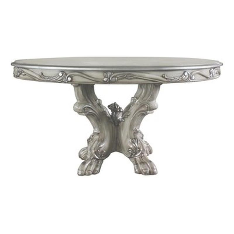 ACME Dresden Round Wooden Pedestal Extendable Dining Table in Vintage Bone White