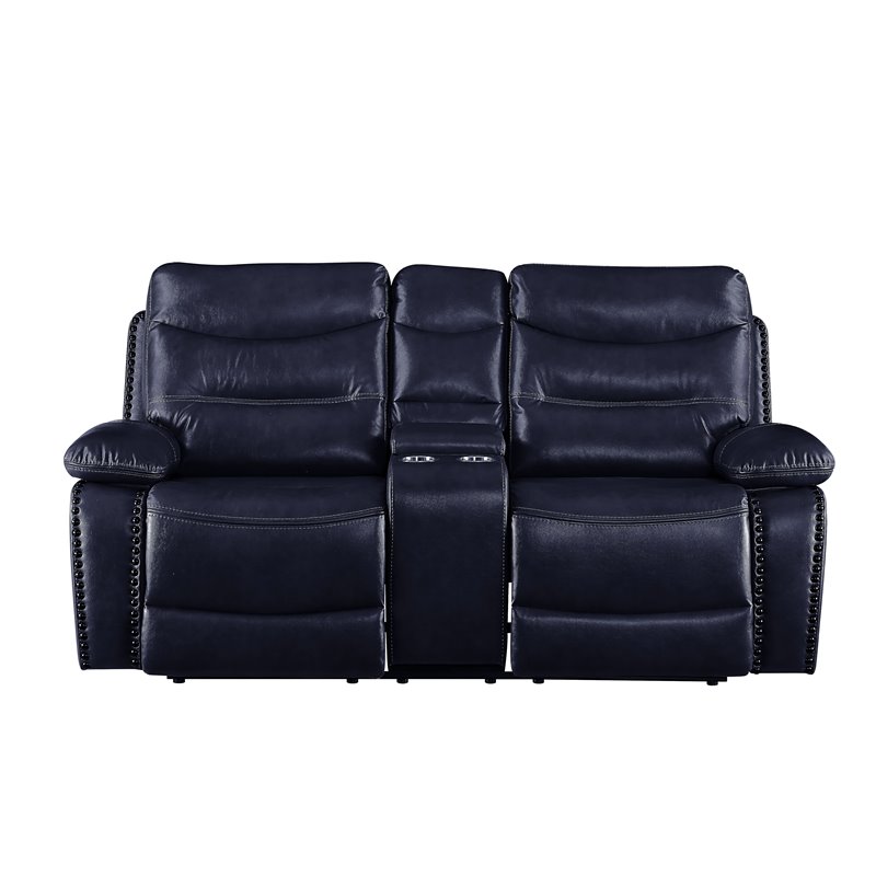 ACME Aashi Leather-Gel Tufted Motion Reclining Loveseat with Console in Navy