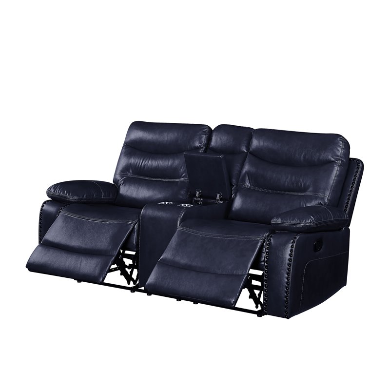 ACME Aashi Leather-Gel Tufted Motion Reclining Loveseat with Console in Navy