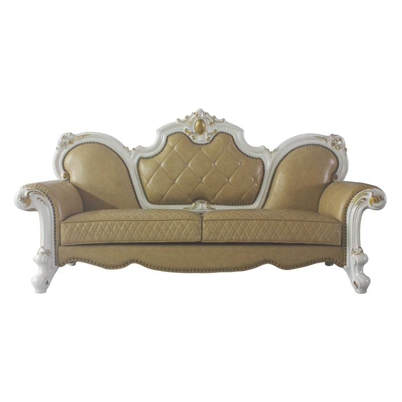 ACME Picardy Faux Leather Sofa with Pillows in Antique Pearl and Butterscotch