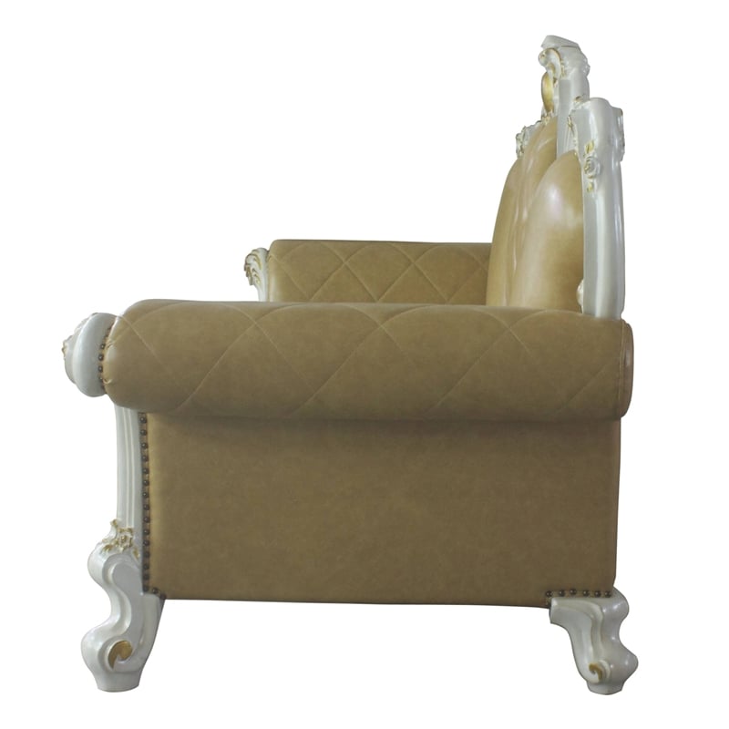 ACME Picardy Faux Leather Sofa with Pillows in Antique Pearl and Butterscotch