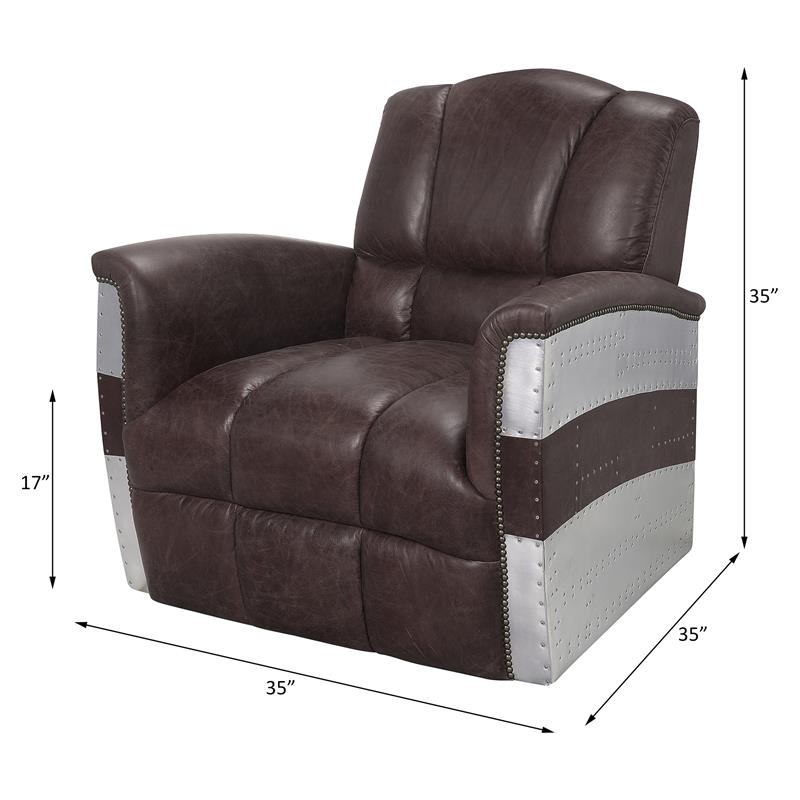 ACME Brancaster Top Grain Leather Accent Chair in Retro Brown and Aluminum