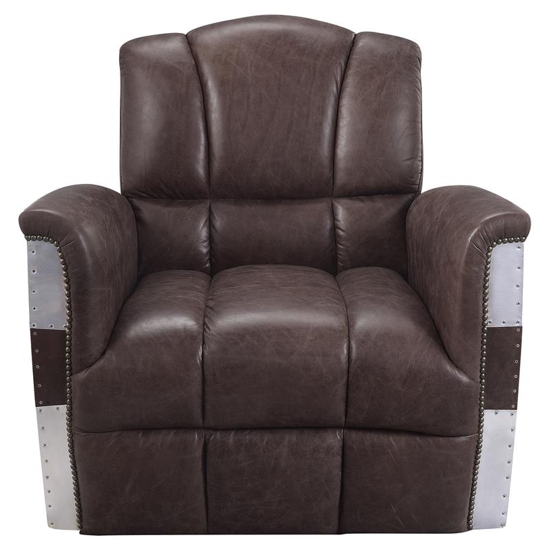 ACME Brancaster Top Grain Leather Accent Chair in Retro Brown and Aluminum