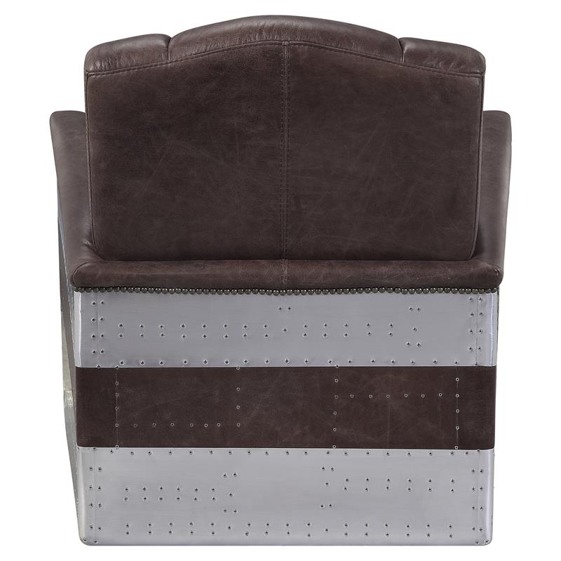 ACME Brancaster Top Grain Leather Accent Chair in Retro Brown and Aluminum