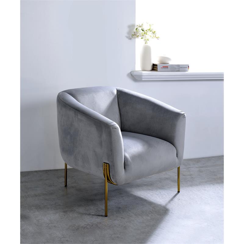 ACME Carlson Velvet Upholstered Barrel Backrest Accent Chair in Gray and Gold