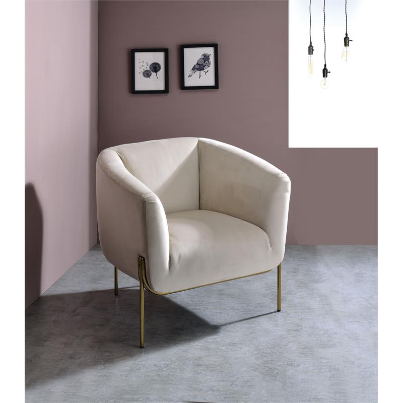 ACME Carlson Velvet Upholstered Barrel Backrest Accent Chair in Beige and Gold