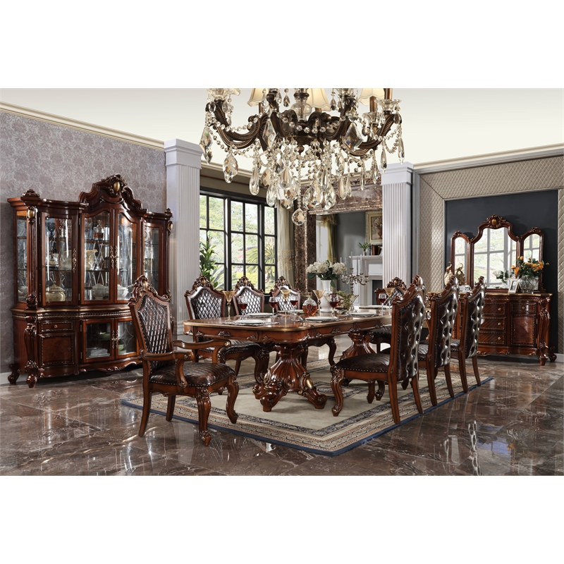 ACME Picardy Double Pedestal Dining Table with Removable Leaf in Honey Oak Wood
