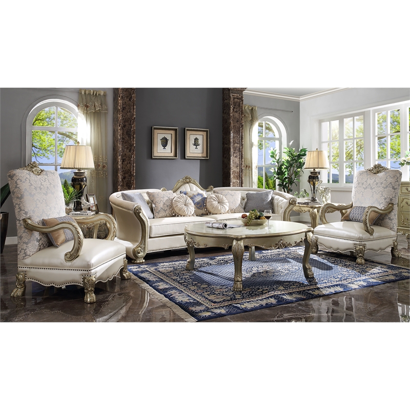 ACME Dresden II Faux Leather Tufted Rolled Arm Sofa with 7 Pillows in Pearl