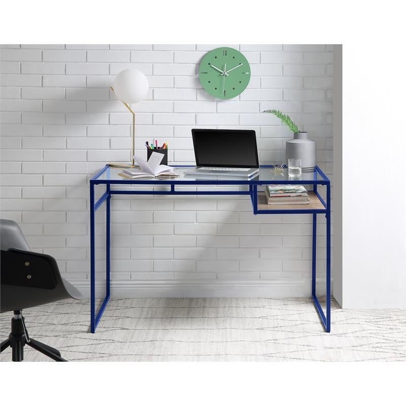 ACME Yasin Glass Rectangle Top 1-Shelf Writing Desk in Blue and Clear