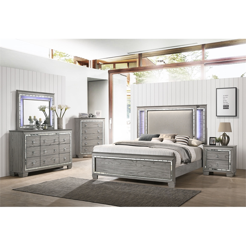 ACME Antares Rectangular Wooden Mirror with LED in Light Gray Oak