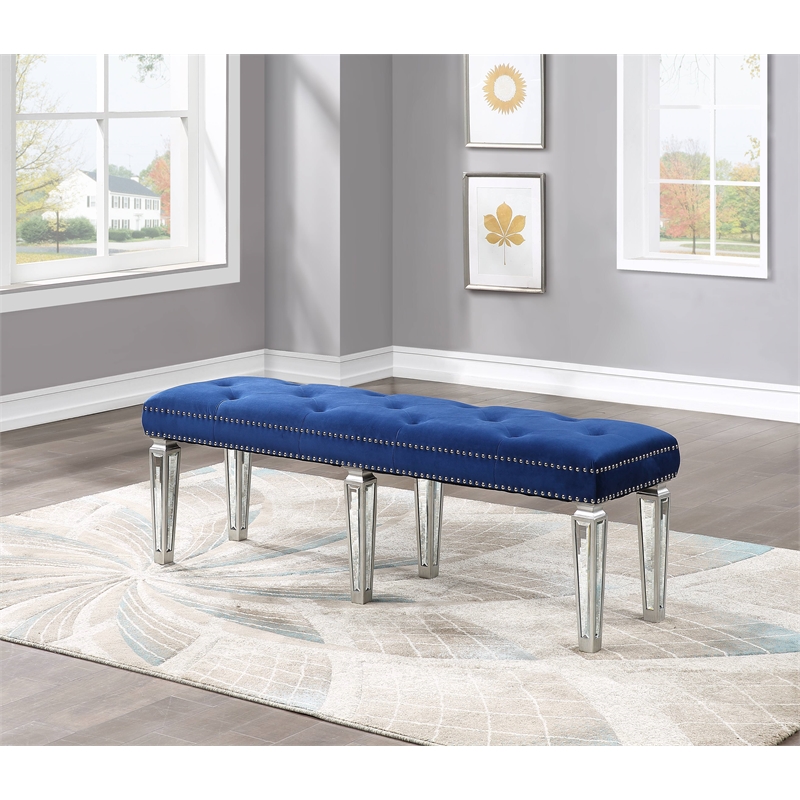 ACME Varian Tufted Upholstered Bench in Blue Velvet and Mirrored