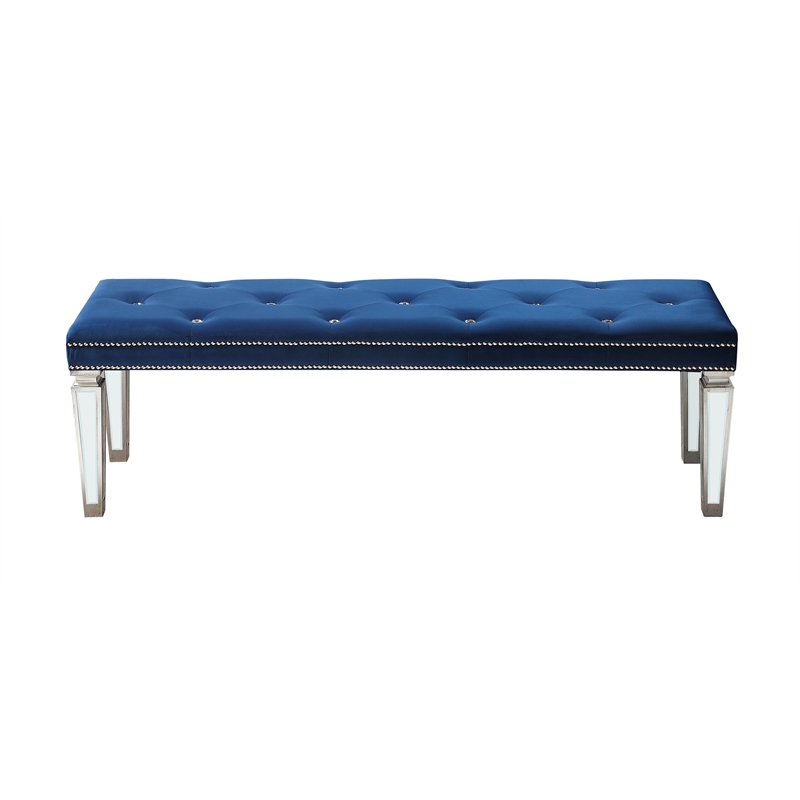 ACME Varian Tufted Upholstered Bench in Blue Velvet and Mirrored