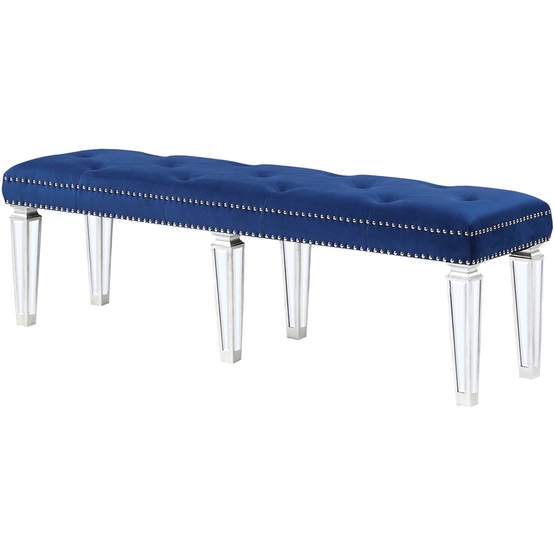 ACME Varian Tufted Upholstered Bench in Blue Velvet and Mirrored