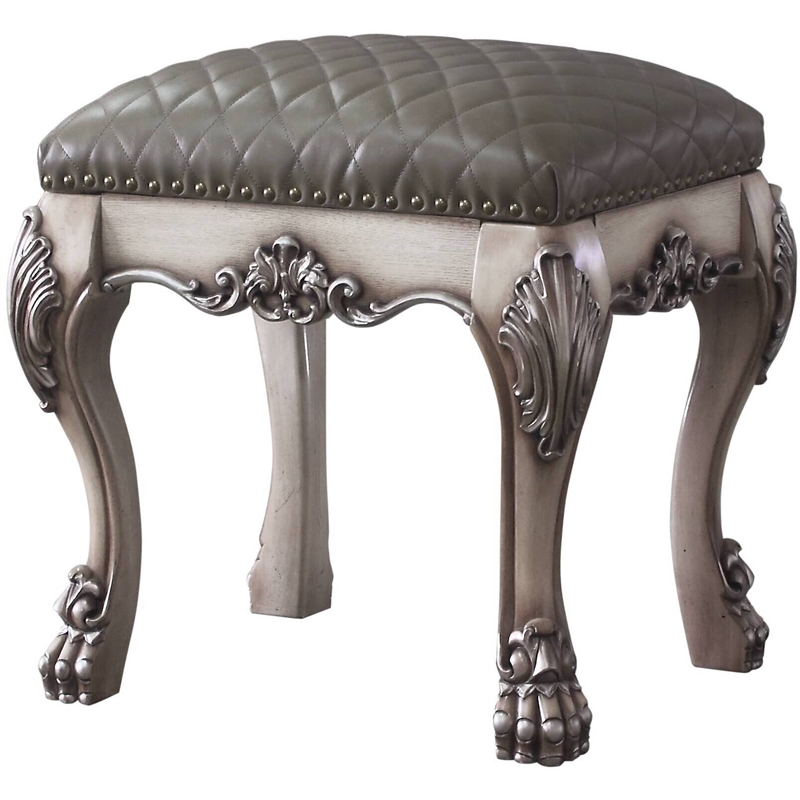 ACME Dresden Faux Leather Upholstered Vanity Stool in Vintage Bone White