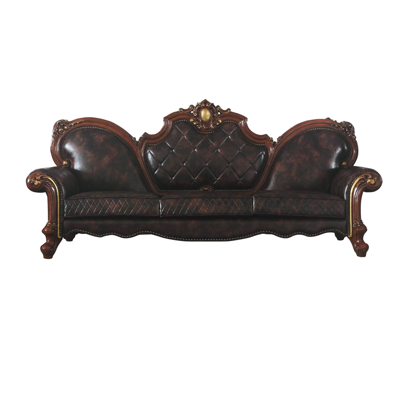 ACME Picardy Faux Leather Upholstered Sofa with 5 Pillows in Vintage Cherry Oak
