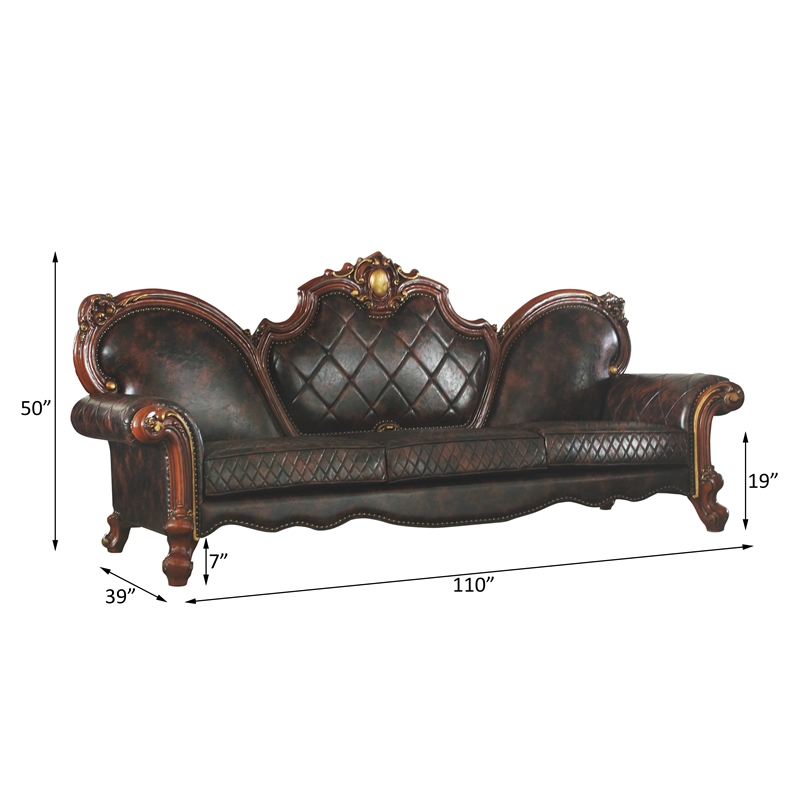 ACME Picardy Faux Leather Upholstered Sofa with 5 Pillows in Vintage Cherry Oak