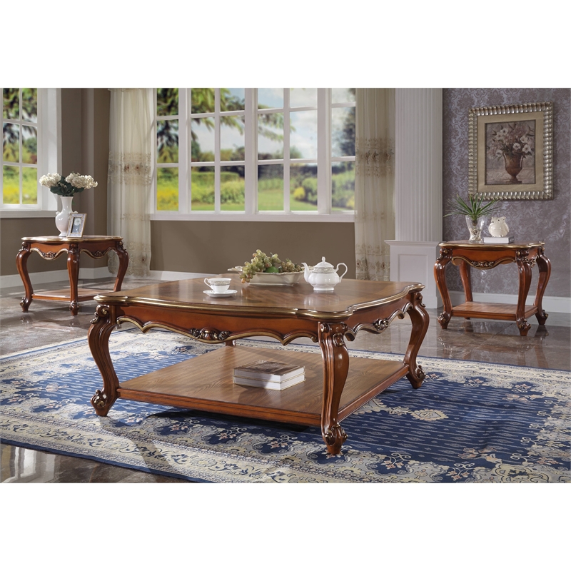 ACME Picardy Square Wooden End Table with Bottom Shelf in Vintage Cherry Oak