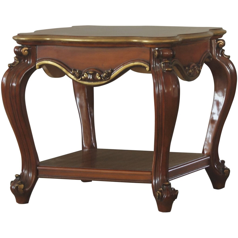 ACME Picardy Square Wooden End Table with Bottom Shelf in Vintage Cherry Oak
