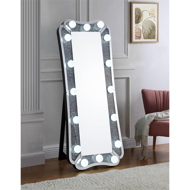 ACME Noralie Glass Floor Mirror with LED Light in Mirrored and Faux Diamonds