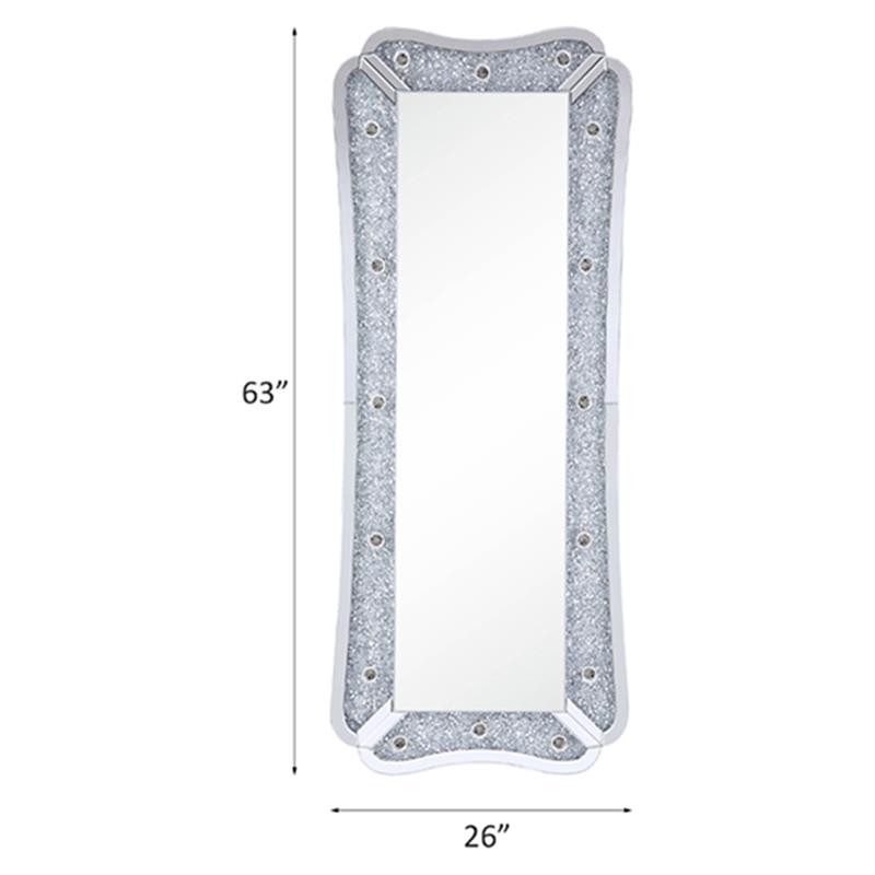 ACME Noralie Glass Floor Mirror with LED Light in Mirrored and Faux Diamonds