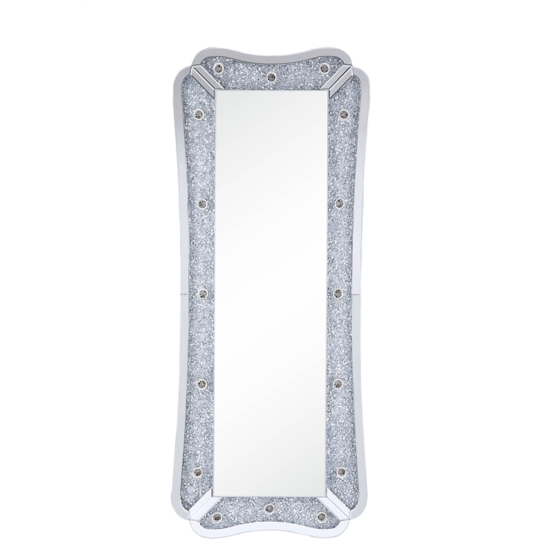 ACME Noralie Glass Floor Mirror with LED Light in Mirrored and Faux Diamonds