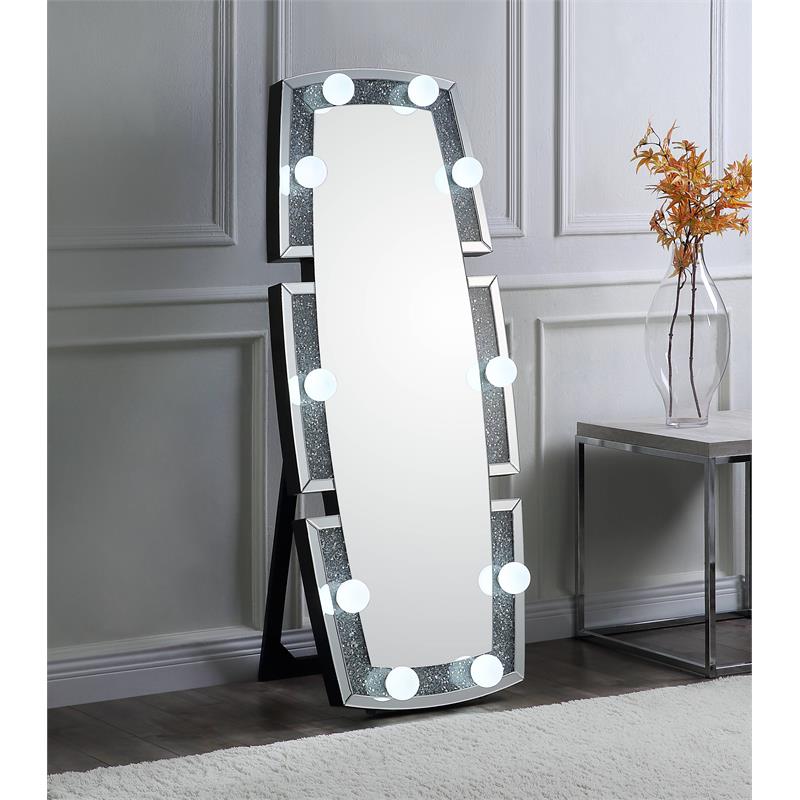 ACME Noralie Glass Floor Mirror with LED Light in Mirrored and Faux Diamonds