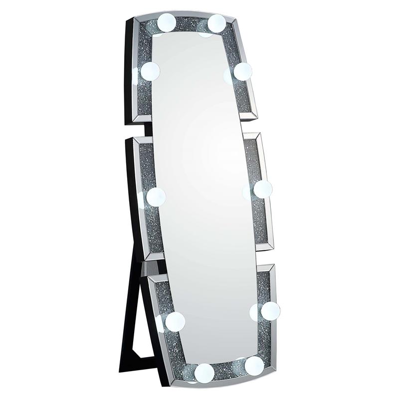 ACME Noralie Glass Floor Mirror with LED Light in Mirrored and Faux Diamonds