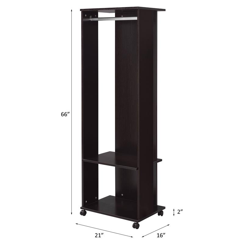 ACME Kolen Wooden Coat Stand with Hanging Rod and Caster Wheels in Espresso