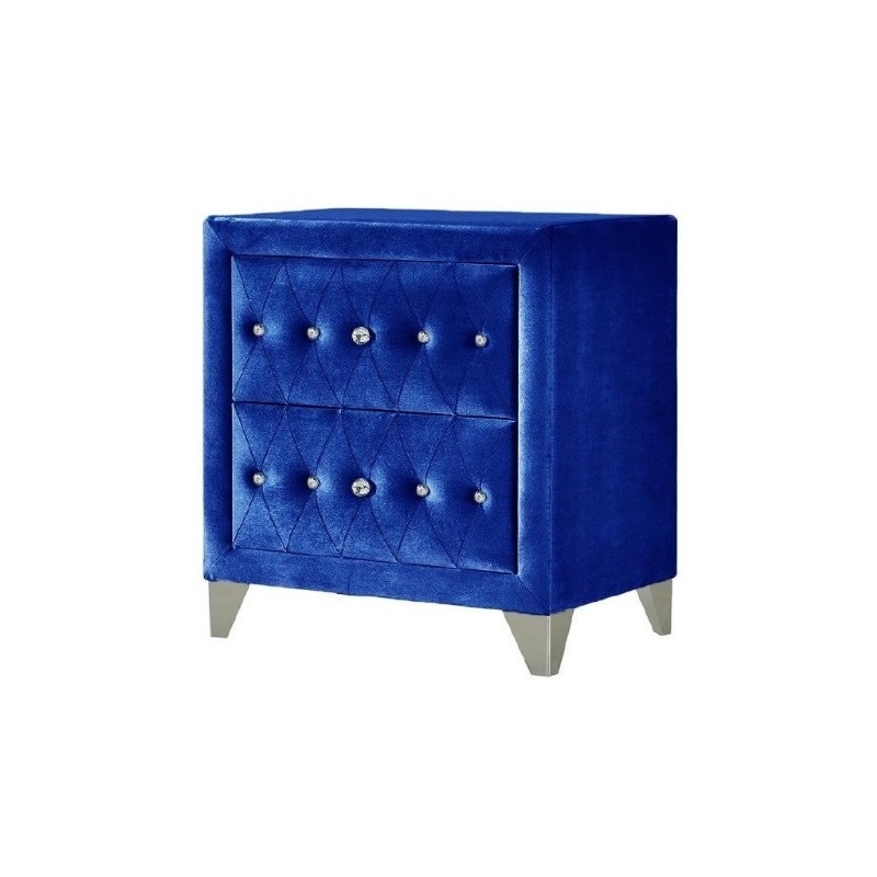 ACME Dante Crystal-Like Knob Velvet Upholstered 2-Drawer Nightstand in Blue